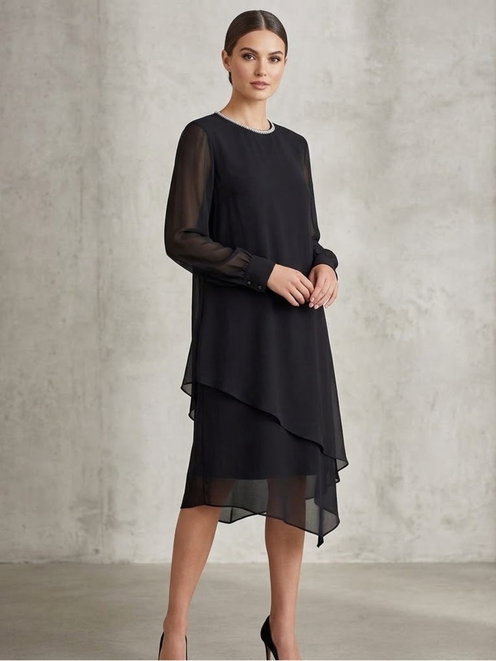 Patra Women’s 10 Black Chiffon Shift Dress Rhinestone Long Sheer Sleeves M USA